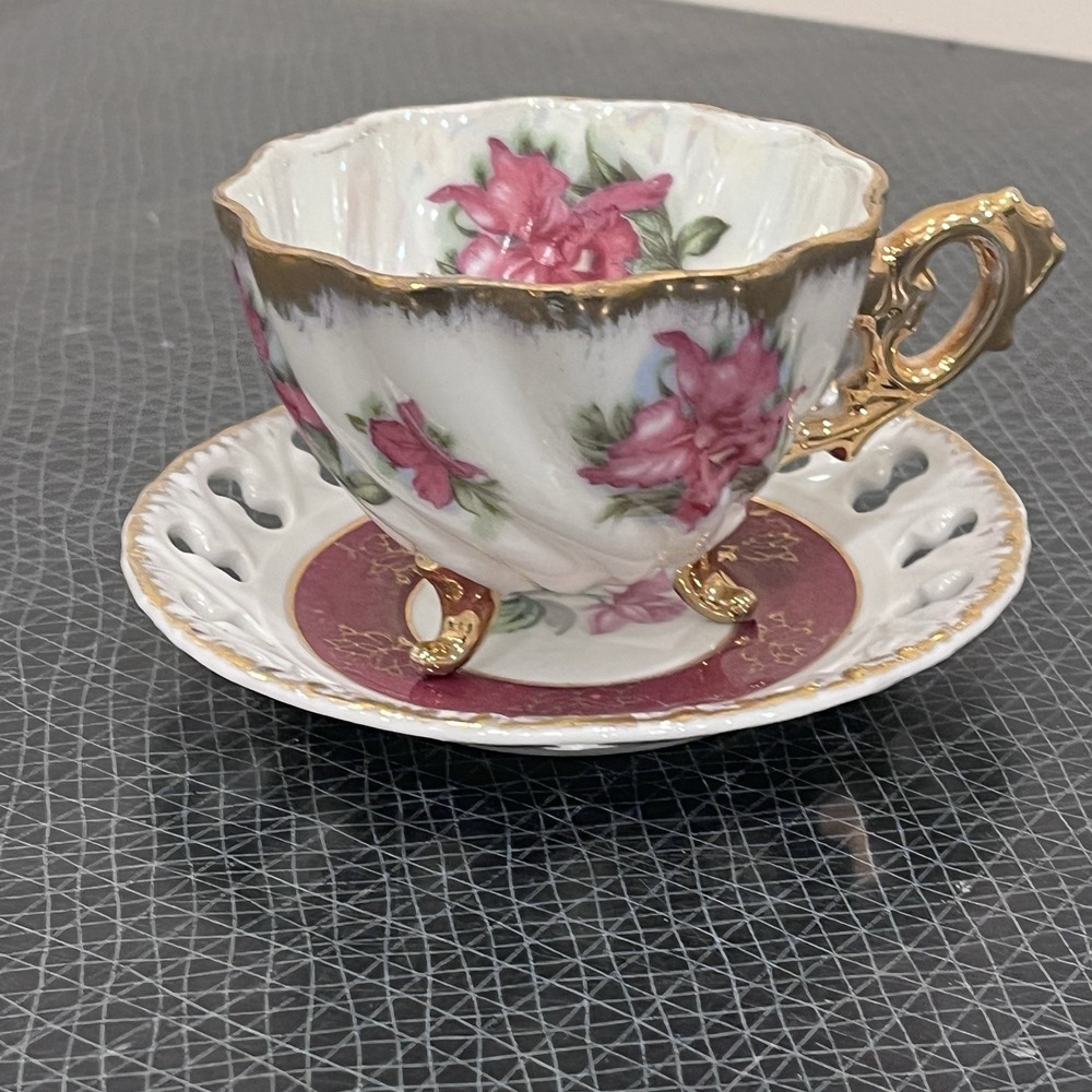 Vintage Japan Pink Rose Gold Iridescent Footed Cup & Open Saucer; Teacup Napco